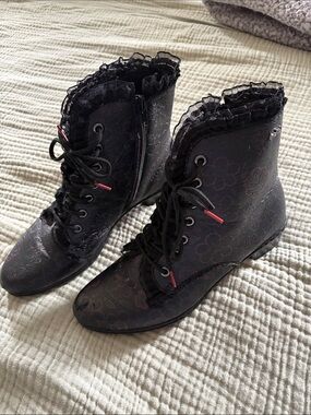 Rieker Black Lace-Up Floral Ankle Boots with Ruffle Trim